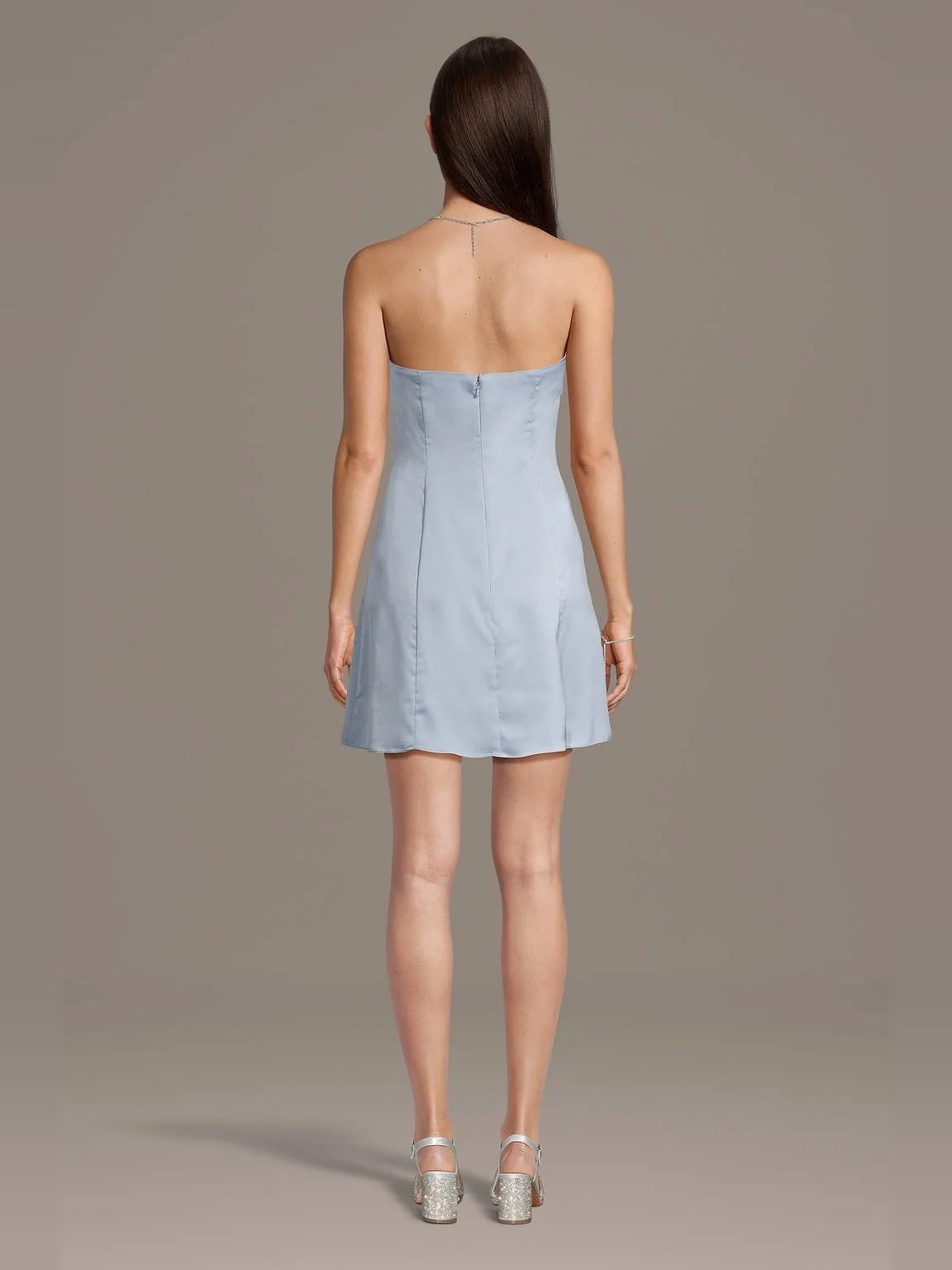 Blue mini homecoming dress, back view showing the rear of the dress