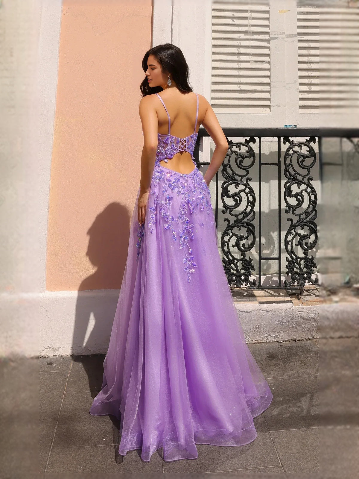 Lilac floor-length prom dress, back view showing the rear of the dress