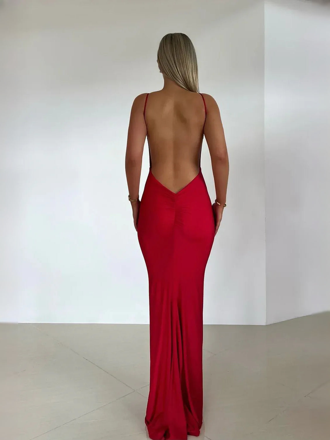 Red floor-length prom dress, back view showing the rear of the dress