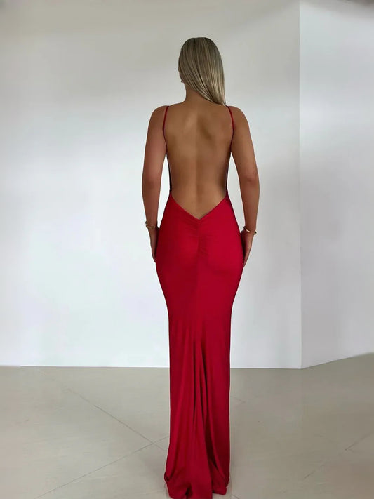 Red floor-length prom dress, back view showing the rear of the dress