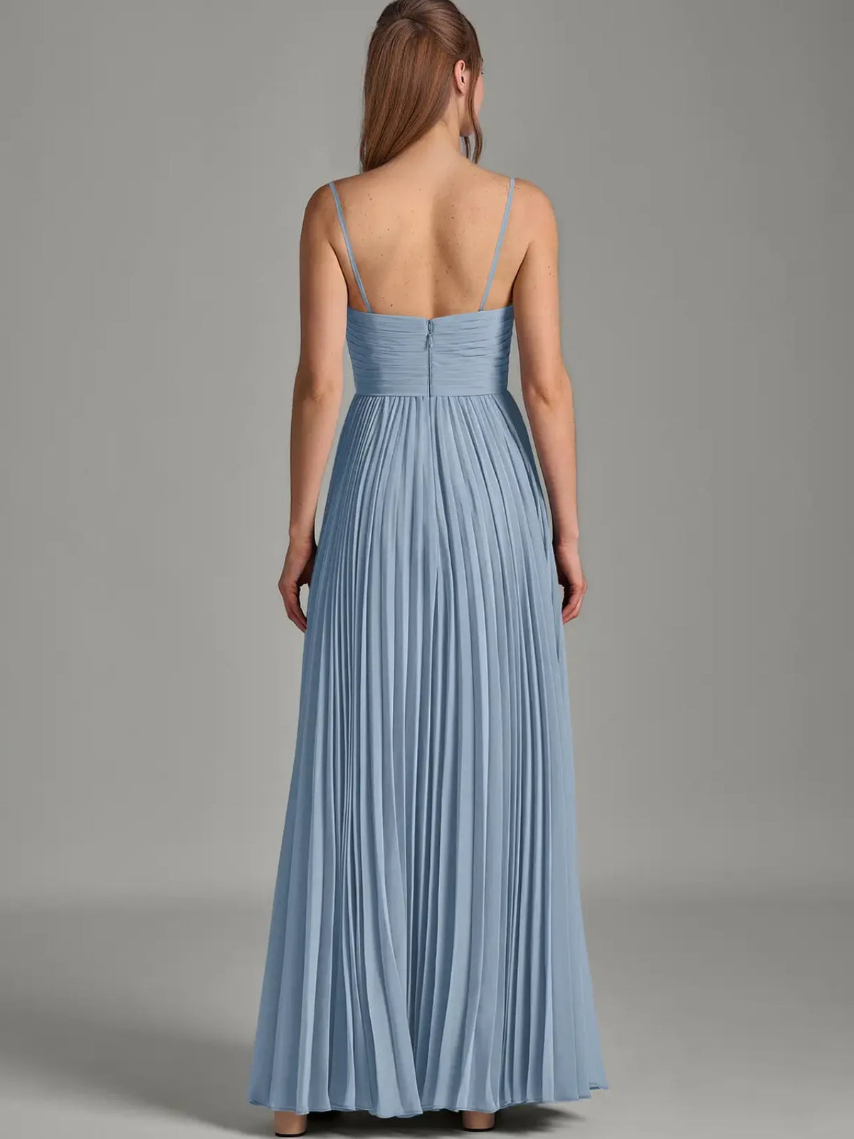 Dusty Blue a-line floor-length formal dress with pleated skirt, alternate view