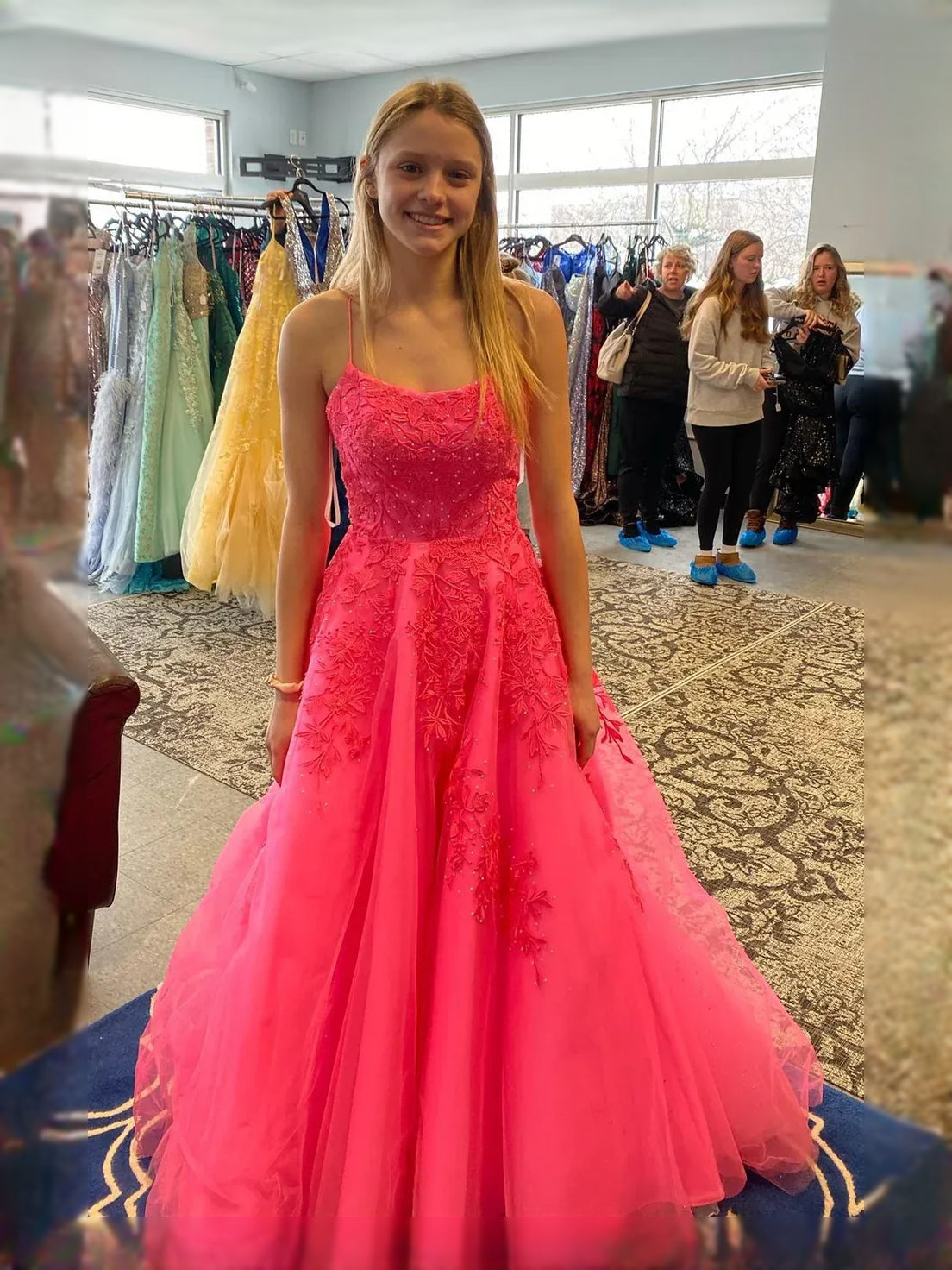 Hot Pink maxi prom dress, back view showing the rear of the dress