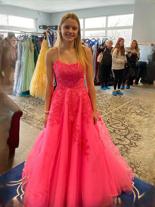 Hot Pink maxi prom dress, back view showing the rear of the dress