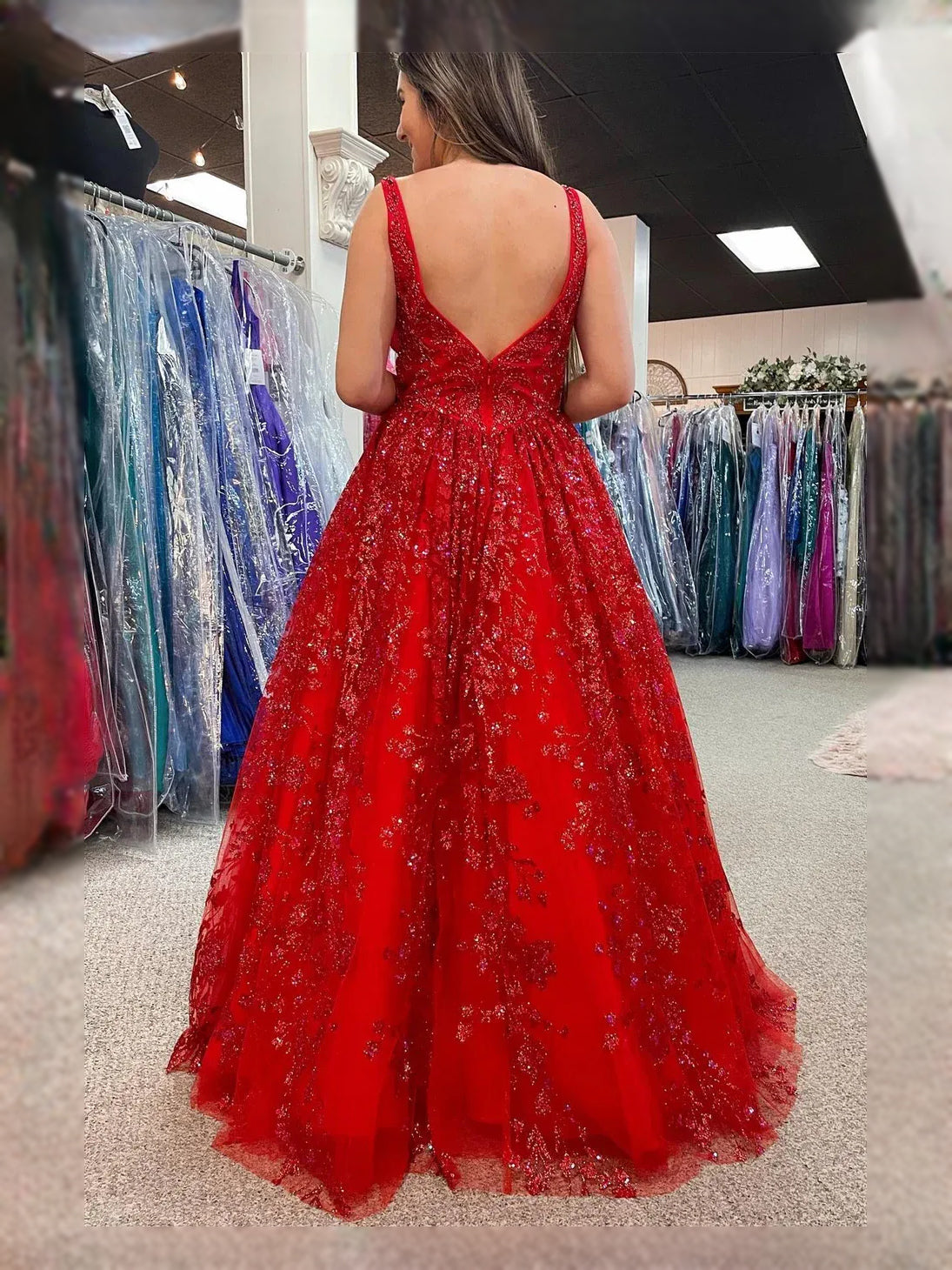 Red maxi prom dress, back view showing the rear of the dress