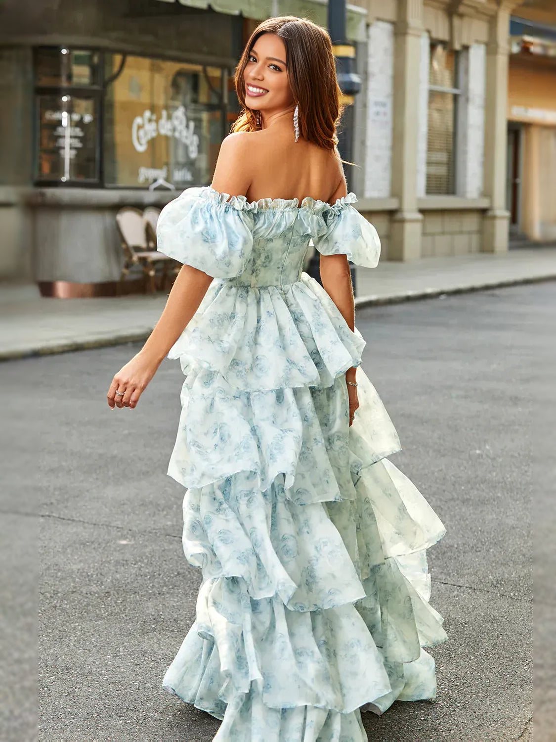 Light Blue high-low prom dress, alternate view showing the bodice and skirt
