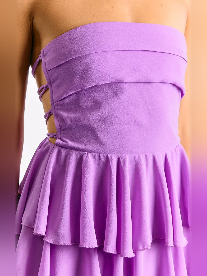 Purple mini homecoming dress, back view showing the rear of the dress