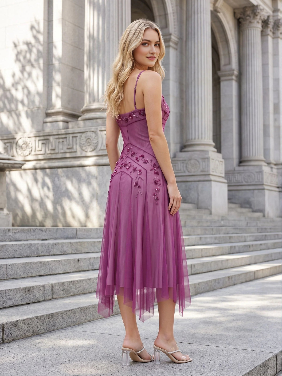Purple midi bridesmaid dress, alternate view showing the bodice and skirt