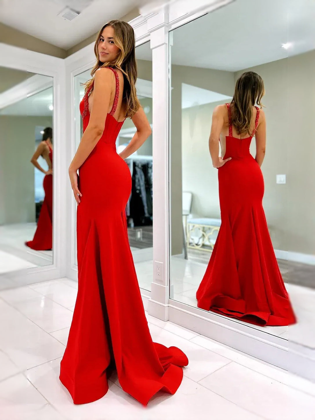 Red floor-length prom dress, alternate view showing the bodice and skirt