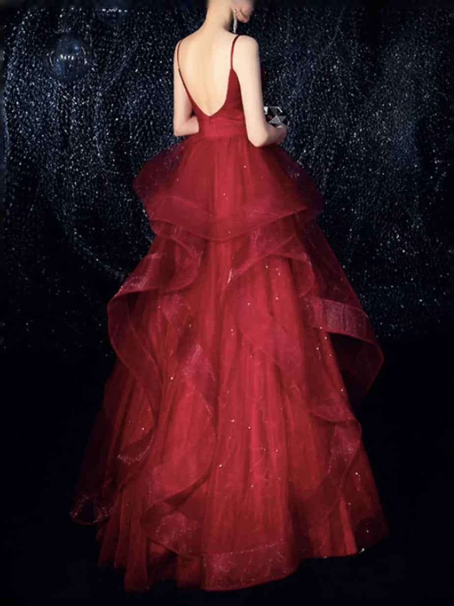 Red floor-length prom dress, alternate view showing the bodice and skirt