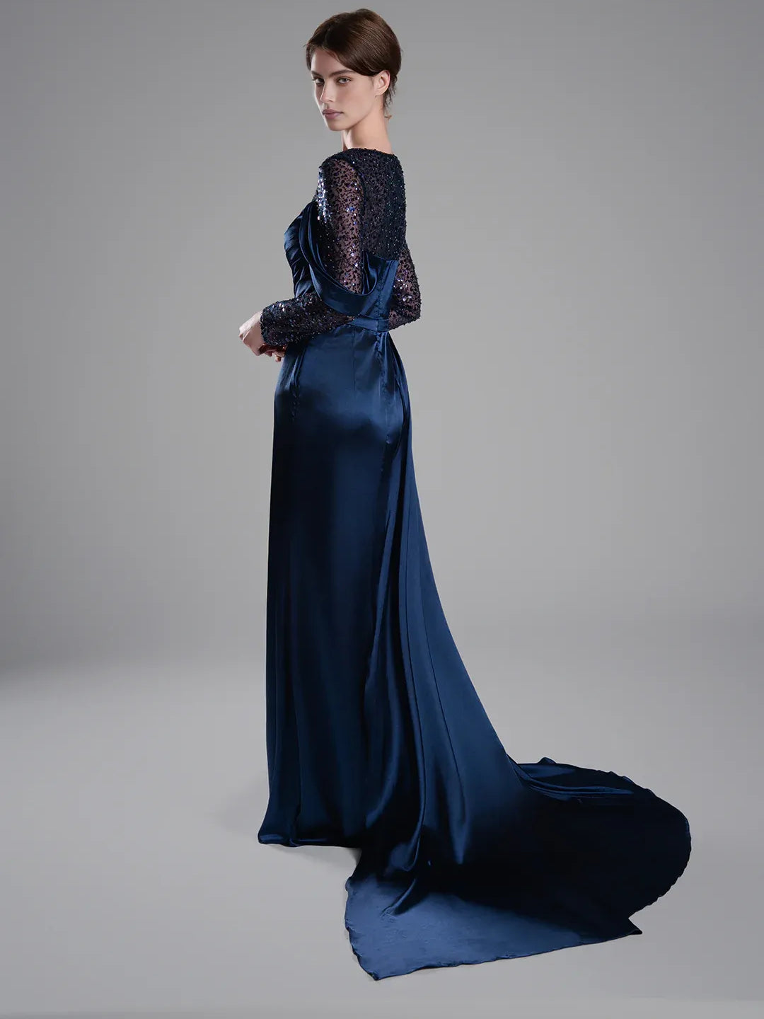 Navy Blue mermaid floor-length formal dress with beading, alternate view