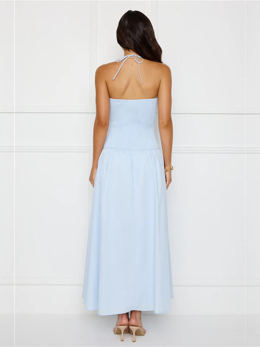 Blue a-line maxi formal dress with a-line, full-length back view