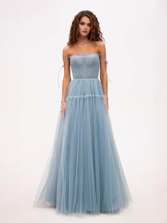 Powder Blue floor-length prom dress, back view showing the rear of the dress