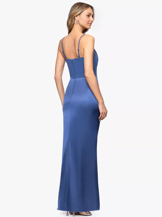 Slate Blue sheath floor-length formal dress with draping, alternate view