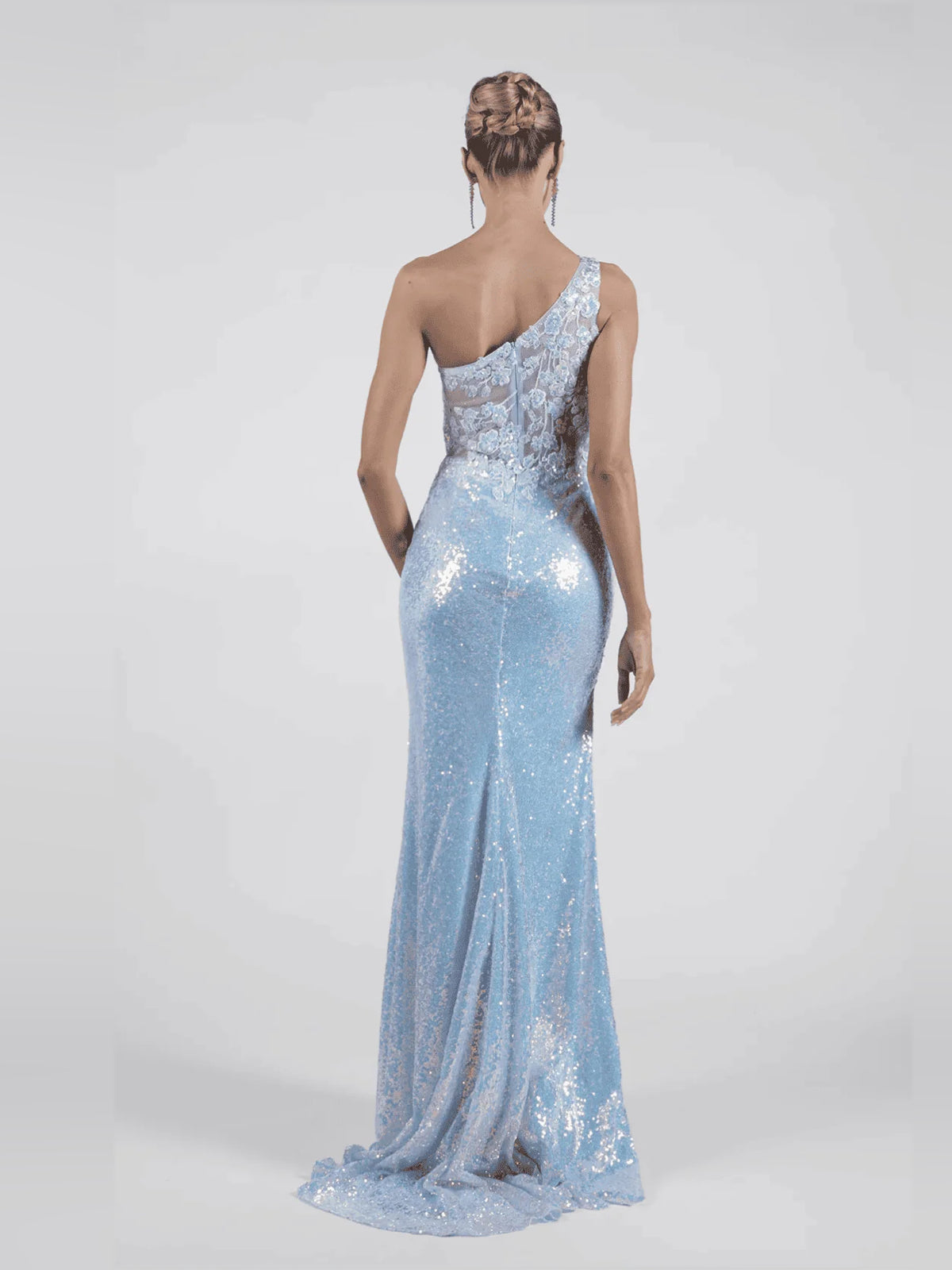 Light Blue maxi prom dress, back view showing the rear of the dress