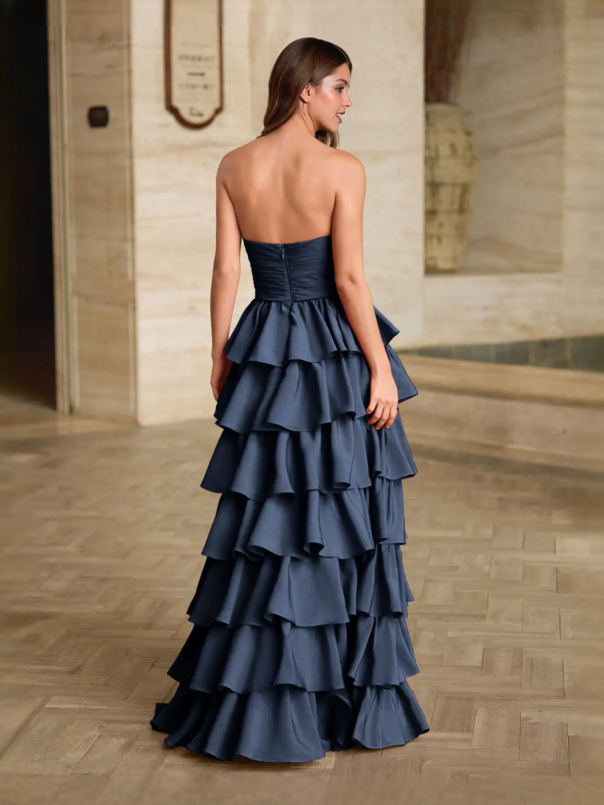 Navy Blue maxi prom dress, alternate view showing the bodice and skirt