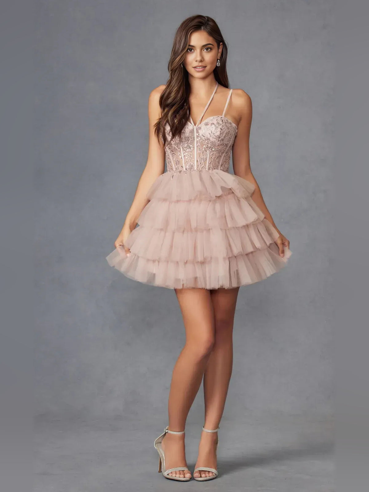Dusty Rose short homecoming dress, back view showing the rear of the dress