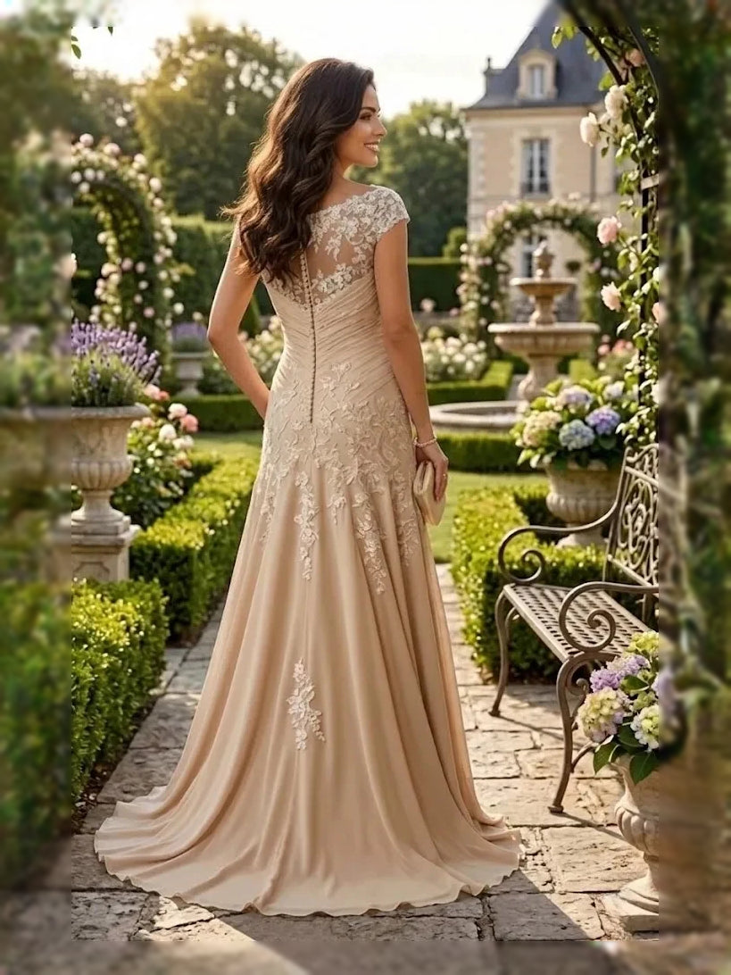 Champagne floor-length mother of the bride dress, alternate view showing the bodice and skirt