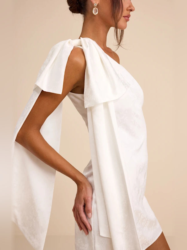 White mini homecoming dress, alternate view showing the bodice and skirt