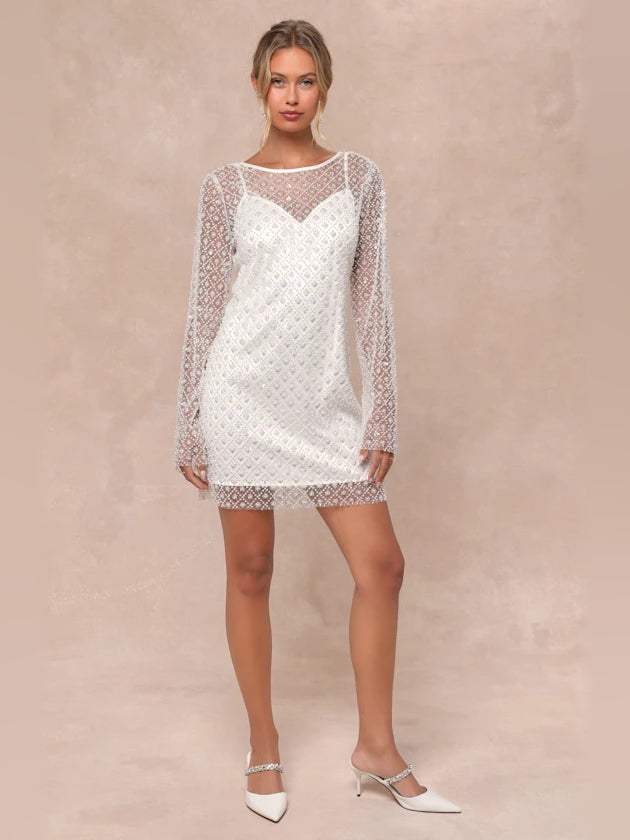 White mini homecoming dress, alternate view showing the bodice and skirt