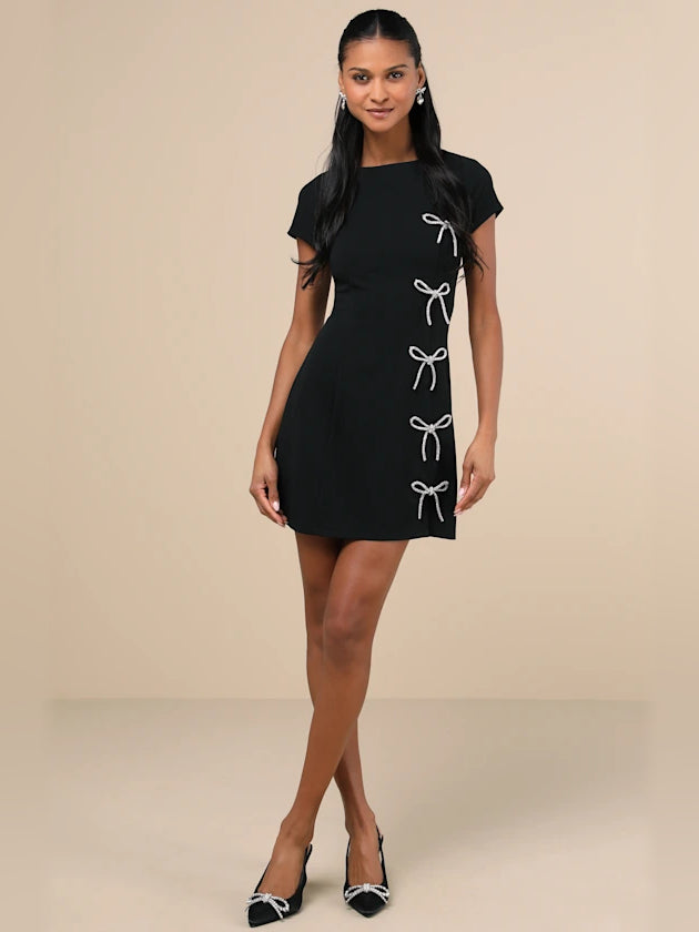 Black mini homecoming dress, alternate view showing the bodice and skirt