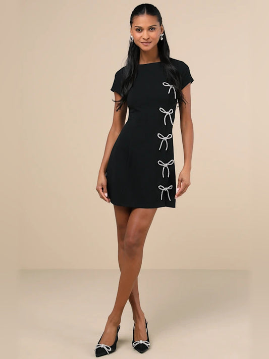 Black mini homecoming dress, alternate view showing the bodice and skirt