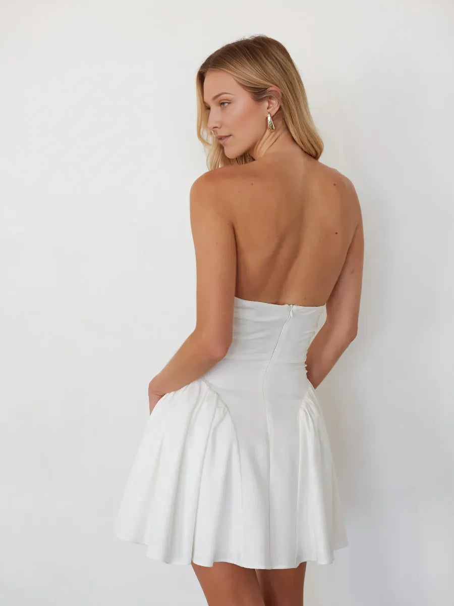 White mini homecoming dress, back view showing the rear of the dress