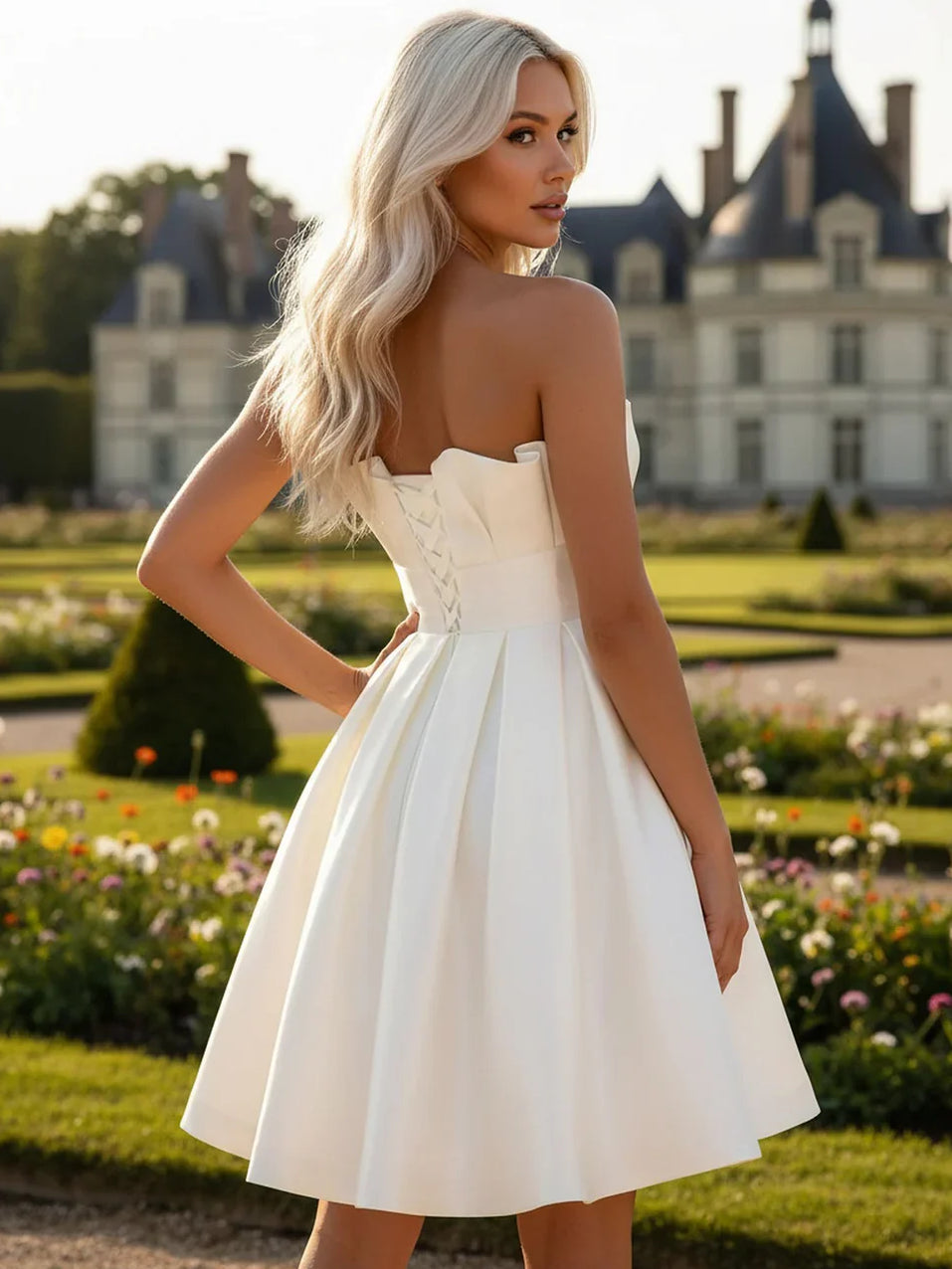 Ivory mini homecoming dress, back view showing the rear of the dress