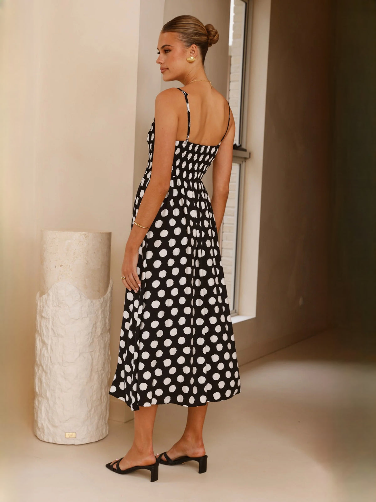 Black White Polka Dot midi formal dress with printed pattern, alternate view