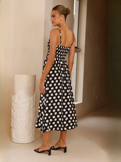 Black White Polka Dot midi formal dress with printed pattern, alternate view