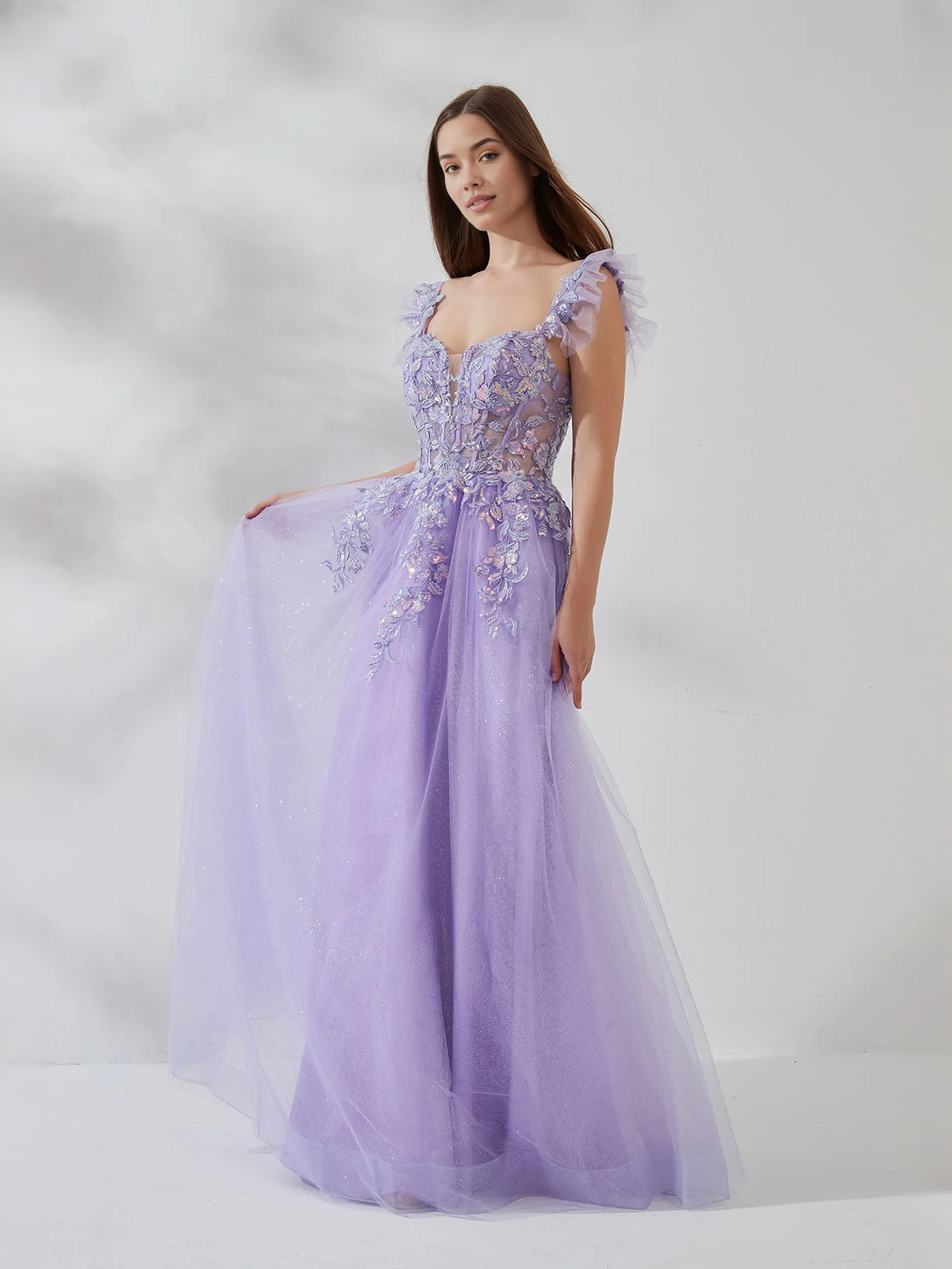 Lavender floor-length prom dress, alternate view showing the bodice and skirt