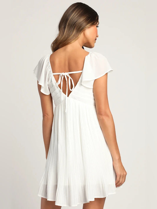 White mini homecoming dress, alternate view showing the bodice and skirt
