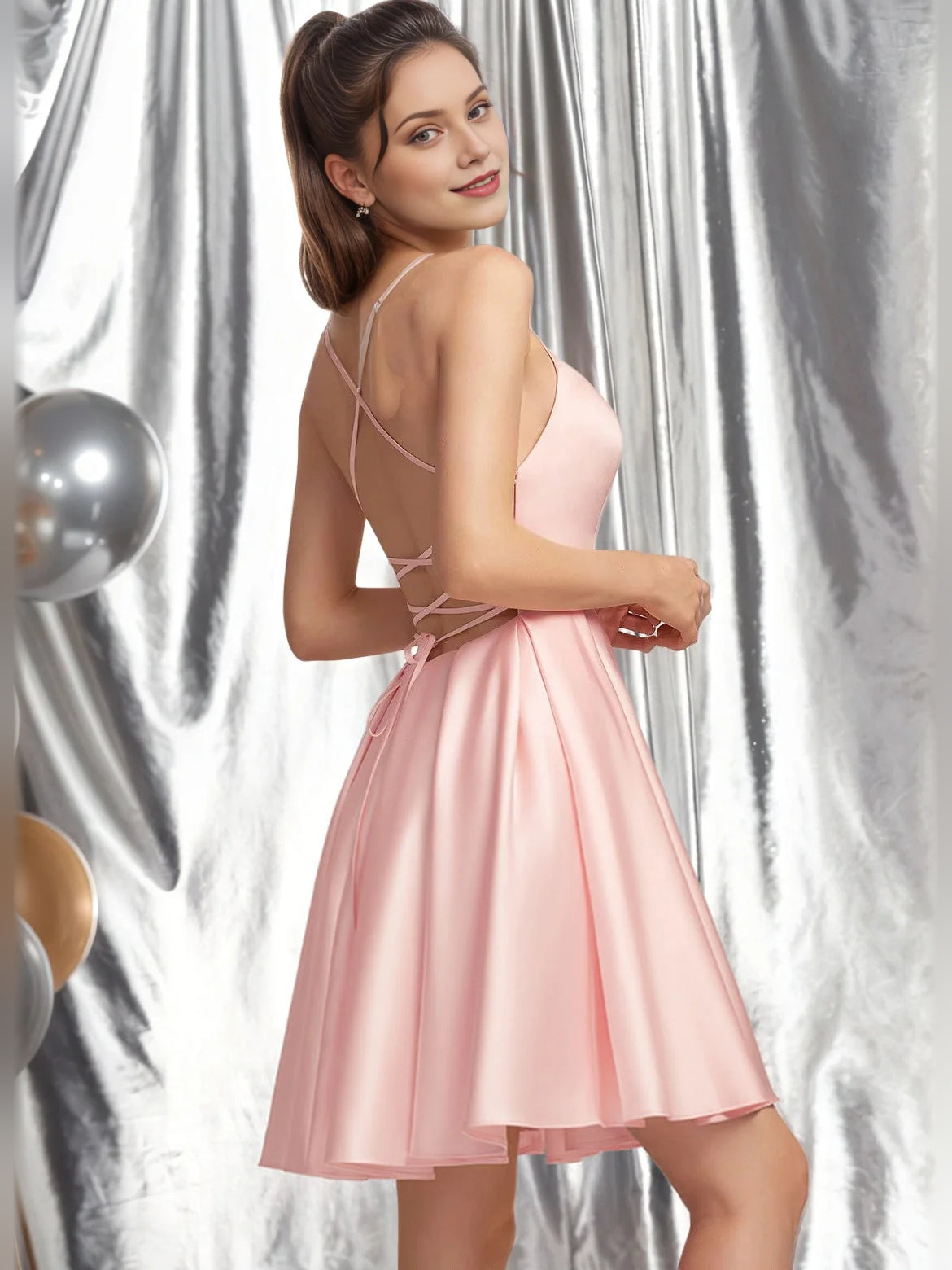 Pearl Pink mini homecoming dress, back view showing the rear of the dress