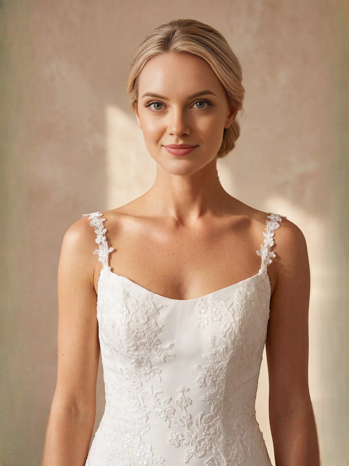 Ivory floor-length wedding dress, alternate view showing the bodice and skirt