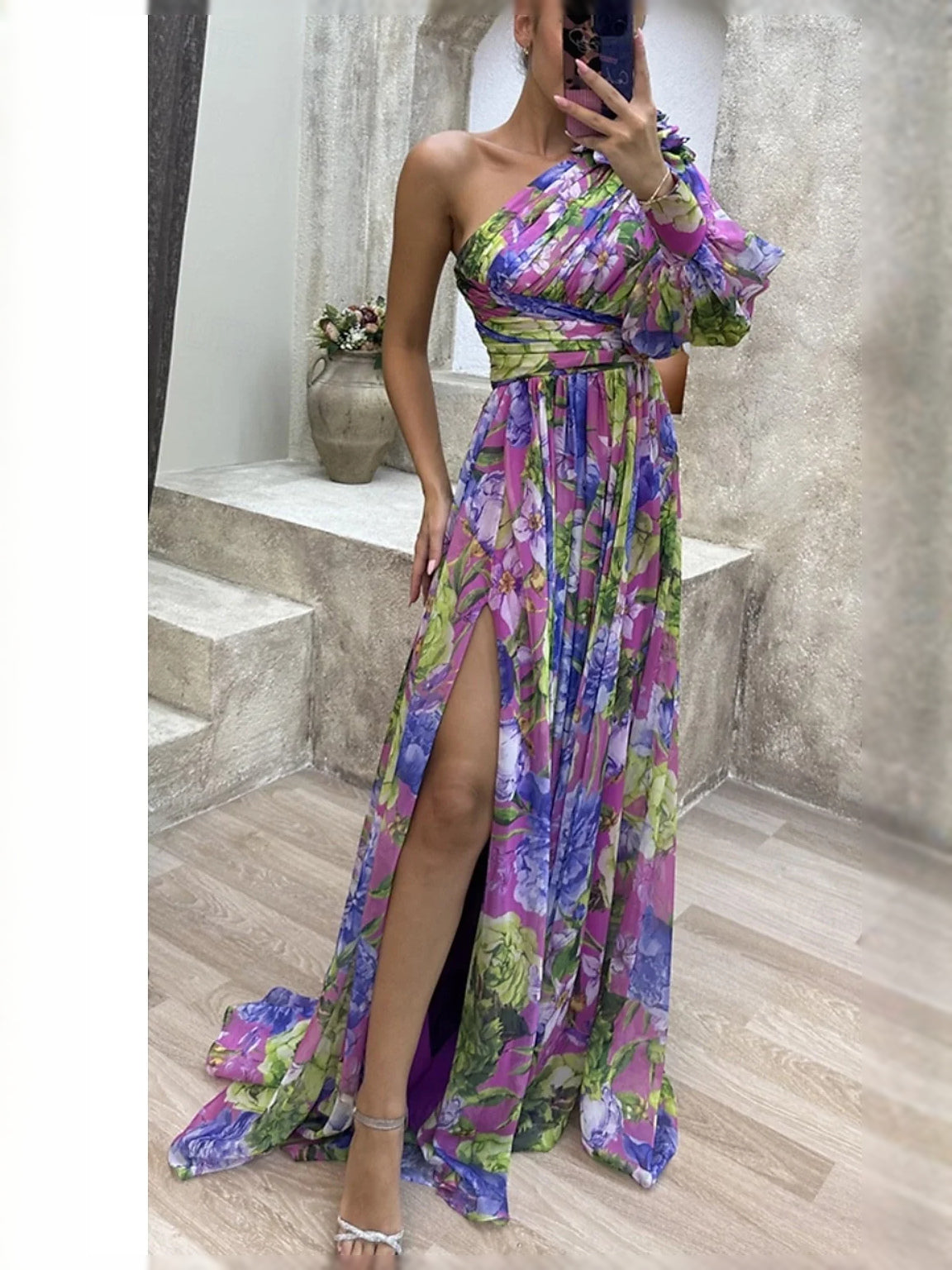 Purple maxi prom dress, alternate view showing the bodice and skirt