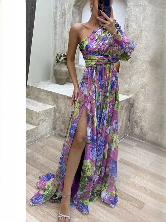 Purple maxi prom dress, alternate view showing the bodice and skirt