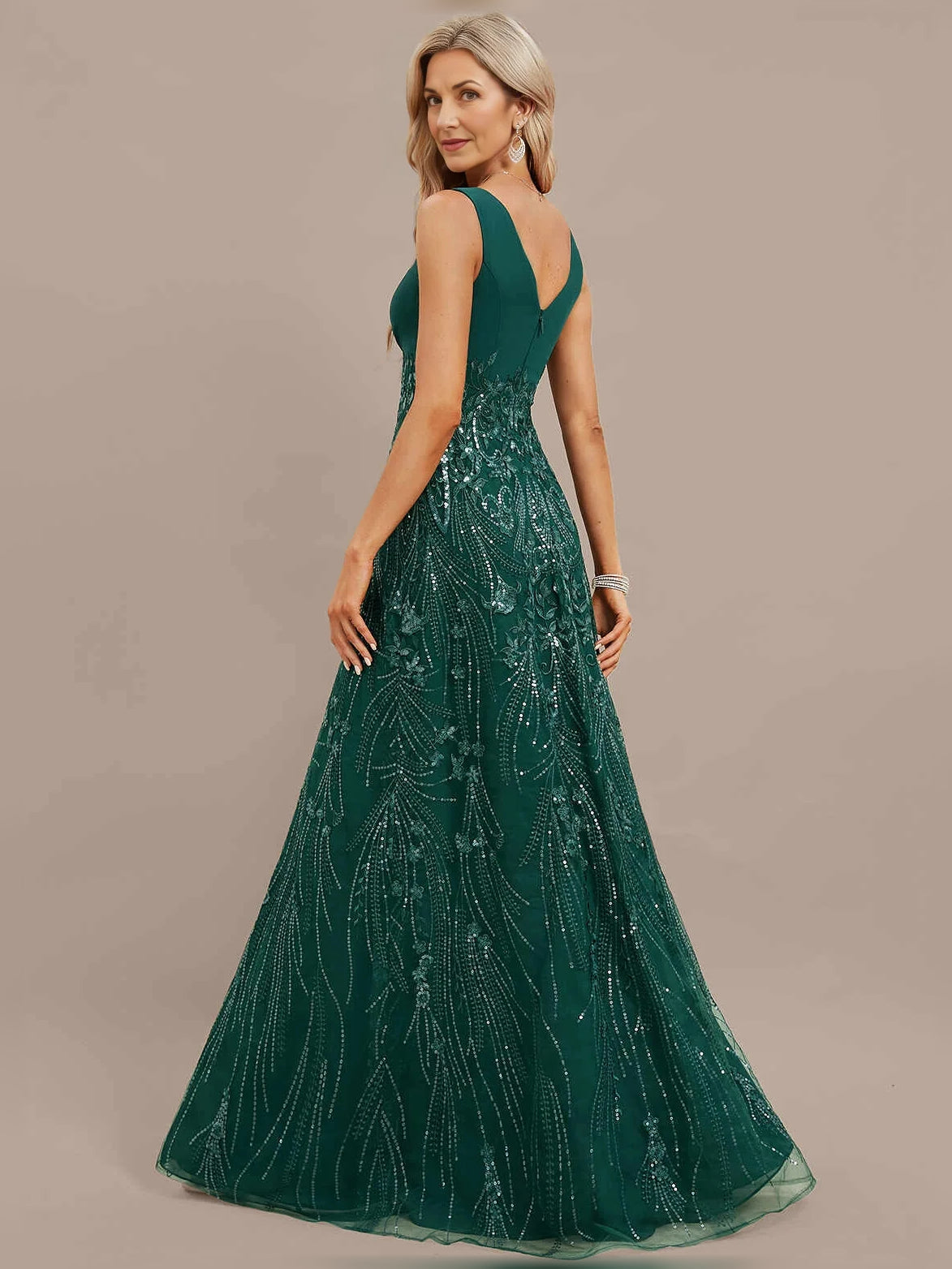 Dark Green maxi mother of the bride dress, alternate view showing the bodice and skirt