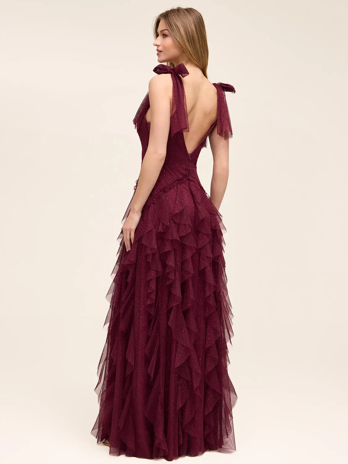 Cabernet maxi prom dress, back view showing the rear of the dress