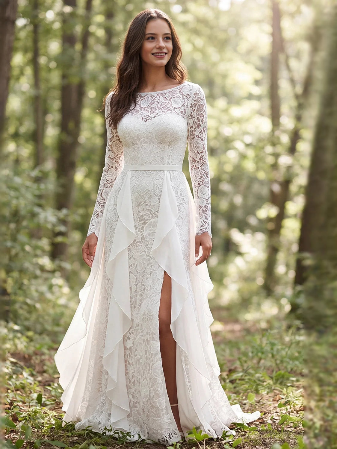 Ivory floor-length wedding dress, alternate view showing the bodice and skirt