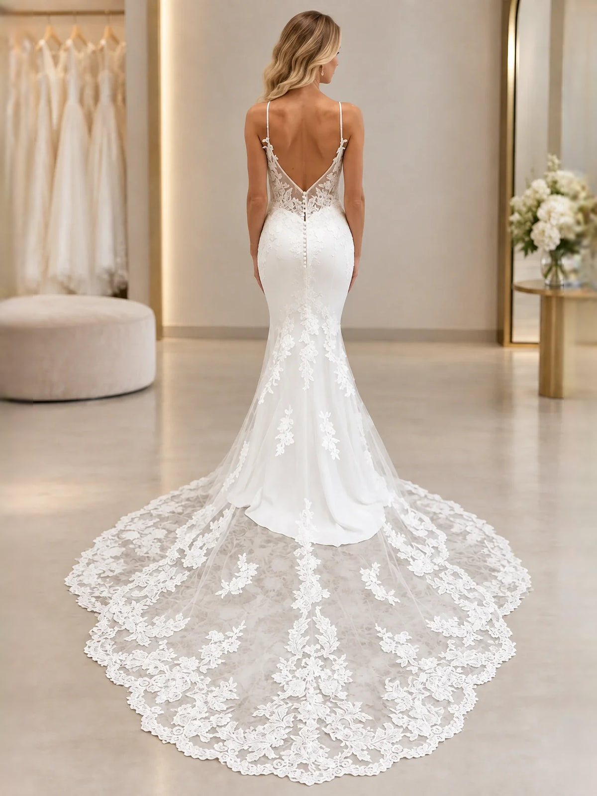 White floor-length wedding dress, alternate view showing the bodice and skirt