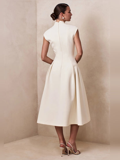 Cream midi formal dress with V-neckline, alternate view