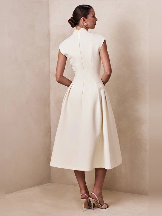 Cream midi formal dress with V-neckline, alternate view