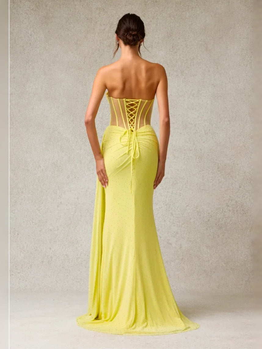 Yellow maxi prom dress, alternate view showing the bodice and skirt