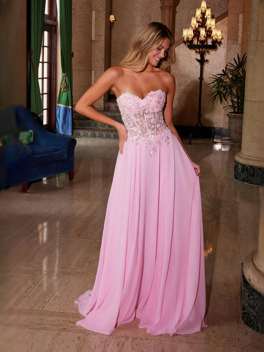 Pink floor-length prom dress, alternate view showing the bodice and skirt