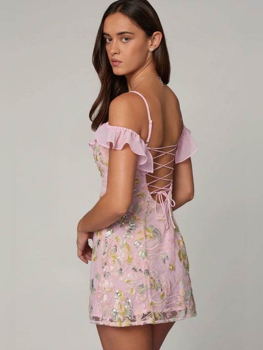 Pink mini homecoming dress, alternate view showing the bodice and skirt