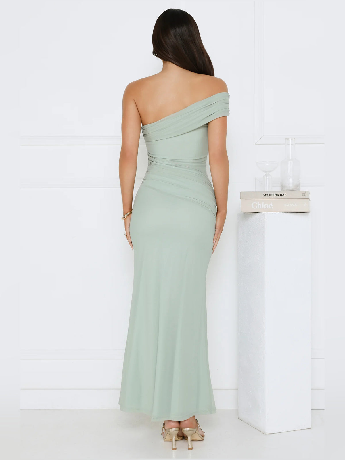 Sage sheath maxi formal dress with sheath, full-length back view