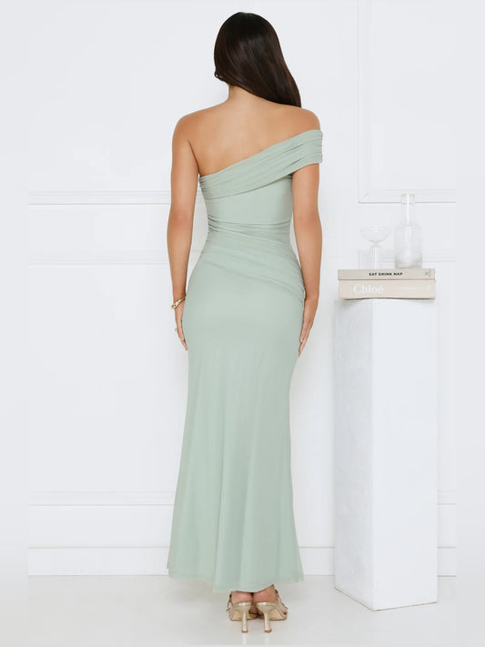 Sage sheath maxi formal dress with sheath, full-length back view
