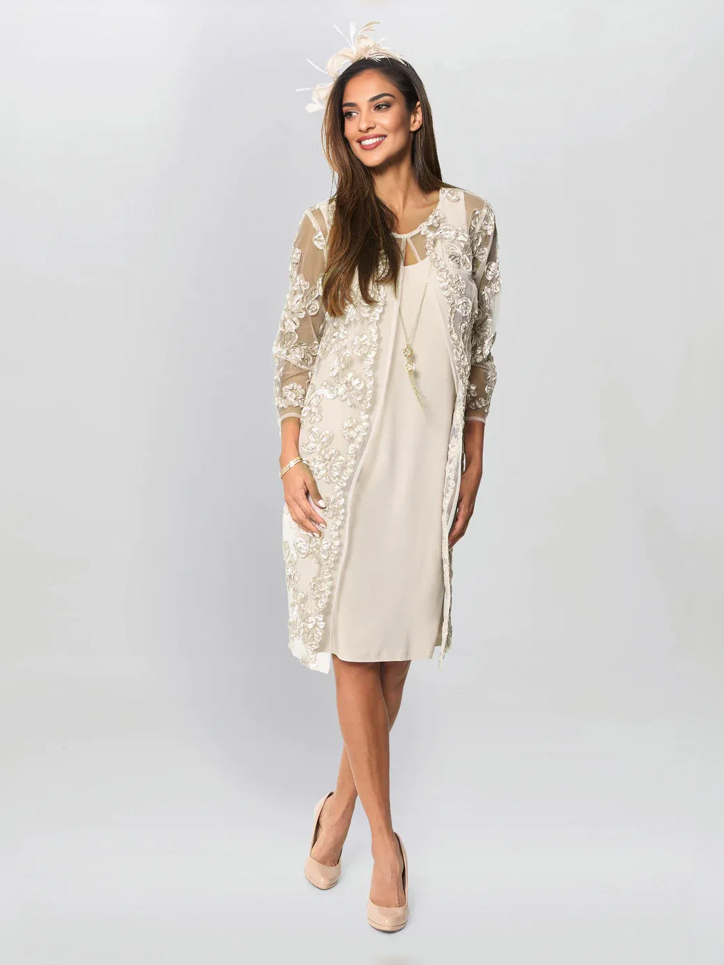 Cream knee-length mother of the bride dress, alternate view showing the bodice and skirt