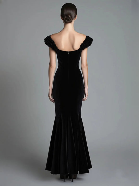 Black high-low prom dress, alternate view showing the bodice and skirt