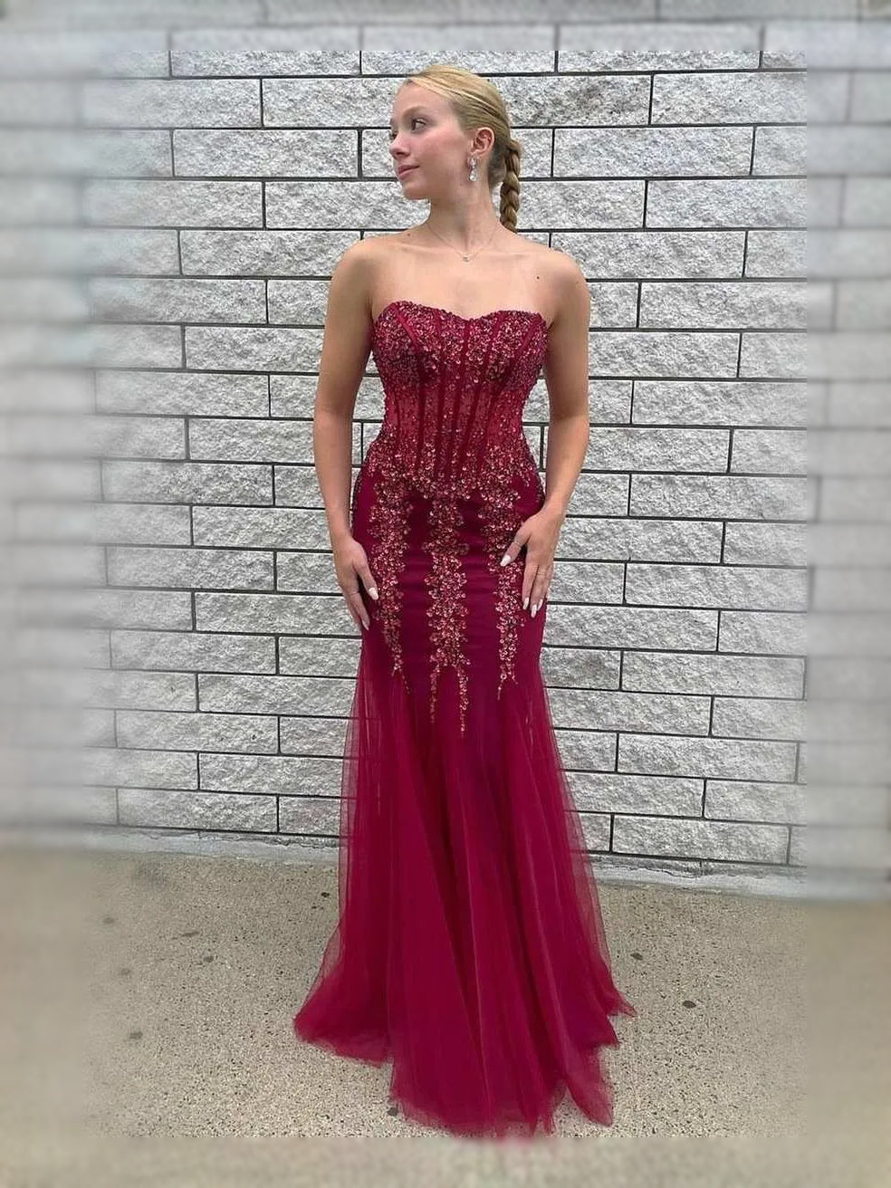 Burgundy maxi prom dress, back view showing the rear of the dress