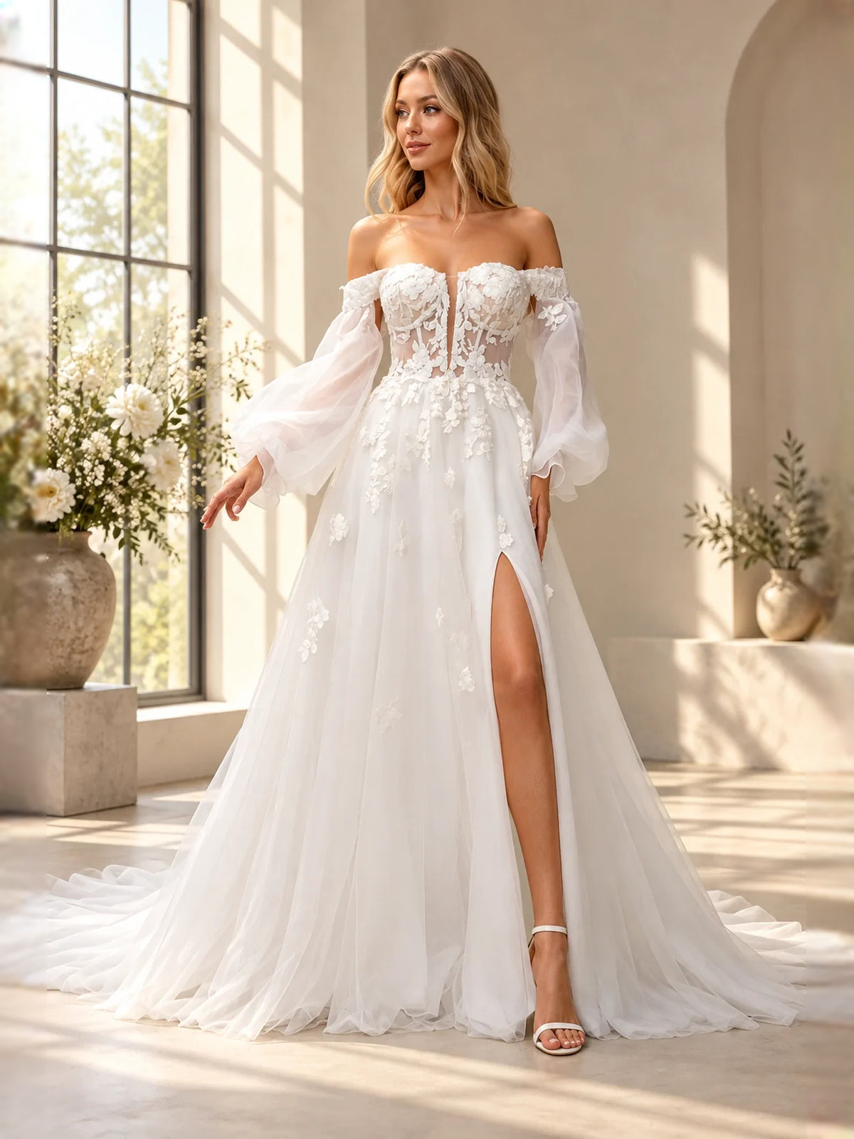 Ivory floor-length wedding dress, alternate view showing the bodice and skirt